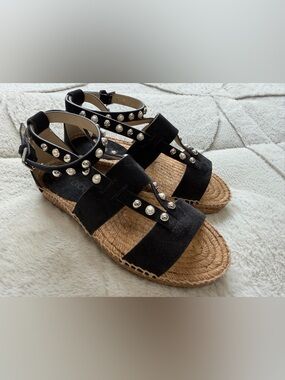 NEW! $625 Jimmy Choo Denise Black Suede Leather Studded Espadrille Sandals 35 5